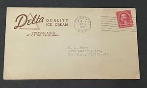 1937 STOCKTON CA DELTA ICE CREAM ADVERTISING ENVELOPE ! MACHINE CANCEL L@@K !! - Picture 1 of 2