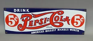 Pepsi Cola Soda 5¢ Porcelain Enamel Metal Sign Reproduction Ande Rooney 18"x6" - Picture 1 of 2