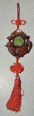 Chinese Resin Faux Jade Happy Buddha Wall Hanging Green Dragon Red Tassel Decor - Image 1 of 2