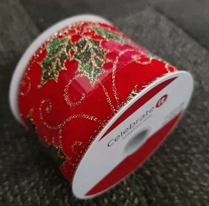 Celebrate It VELVET GLITTER GREEN RED GOLD HOLLY BERRY WIRED RIBBON 2.5" x 20ft - Picture 1 of 4