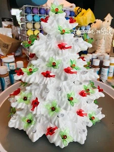 Ceramic Christmas Tree , White With Holly And Birds, Quick Ship - Picture 1 of 2