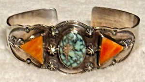 Navajo, Old Pawn Pilot Mtn turchese arancione spinoso, bracciale vintage argento sterling - Foto 1 di 7