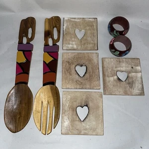 Handcrafted / Carved Wooden Elephant Salad Servers, Napkin Rings & 4 Coasters - Picture 1 of 15