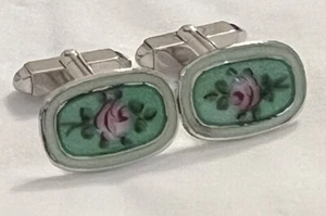 Vintage Wells Sterling Silver Guilloche Enamel Pink Rose Handpainted Cufflinks - Picture 1 of 5