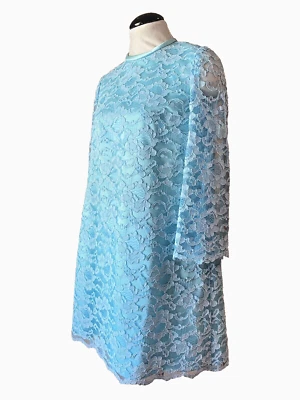 Vintage 60s Mod Aqua Lace Satin Party Dress Floral Aline Bell Girlhoodcore XS/S - Image 1 of 4