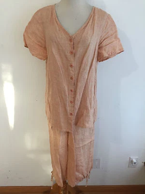 Pantalón informal de lino FLAX Traje Botón Frontal Blusa y Pantalones Capri Albaricoque/Melocotón Talla P Foto 1 de 4