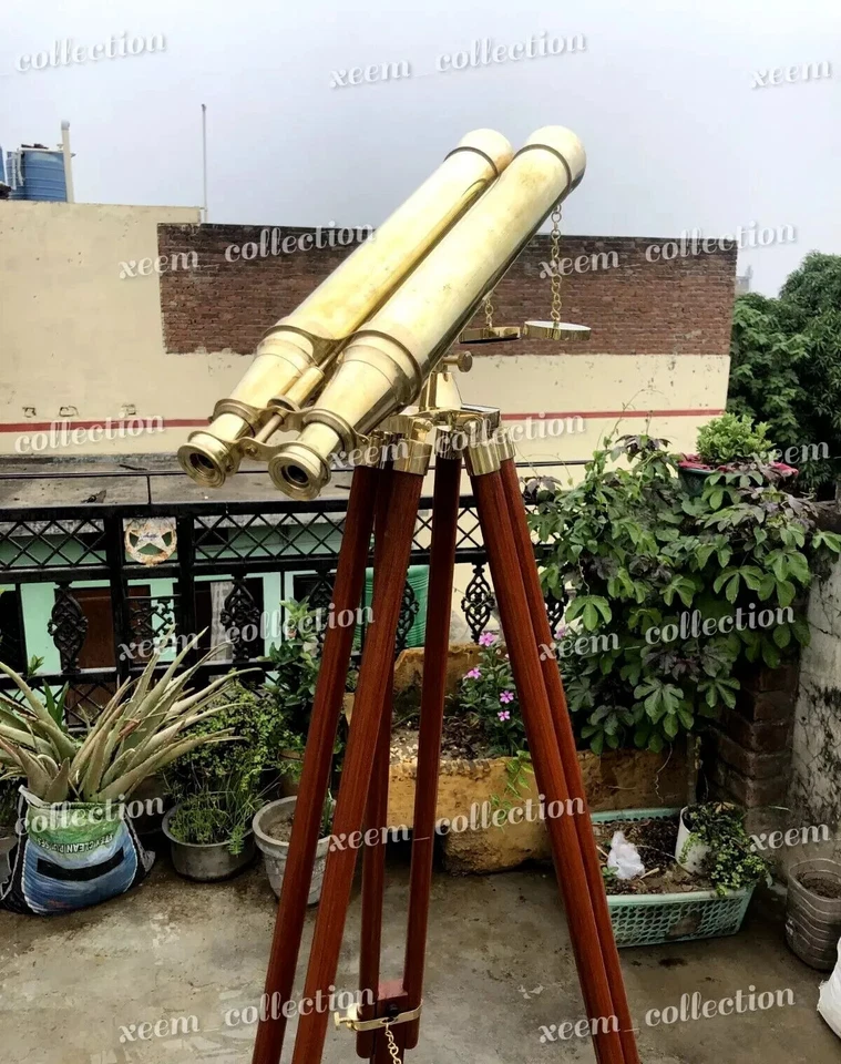 18" Vintage Nautical Brass Classic Style Binocular W/ Wooden Tripod Stand Gift - Image 1 of 4