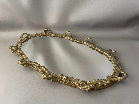 ANTIQUE VTG ART NOUVEAU STYLE GOLD METAL GLASS MIRROR DISPLAY PERFUME TRAY Cover