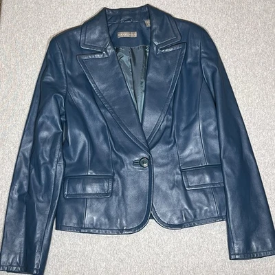 Jaqueta de couro azul feminina Kate Hill tamanho 14 botão forrado frontal - Imagem 1 de 4