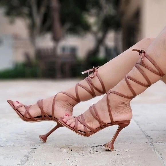 Women's Brown Strappy Pyramid Heel Gladiator Sandals - Image 1 of 4