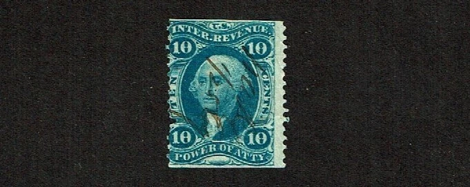 1862-71 U.S.Revenue First Issue 10c Blue POWER OF ATTNY PART PERF Sc#R37b Used - Image 1 of 1