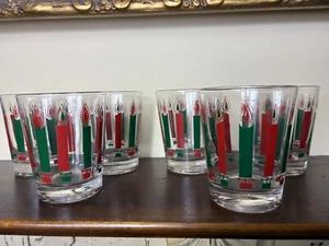 Christmas Drinking Glasses McBeth Low Ball Rocks Red Green Candles MCM Set Of 6 - Picture 1 of 5