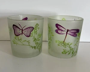 2 Yankee Candle Votive Candle Holders Frosted Glass Dragonfly Butterfly Greens - Picture 1 of 9