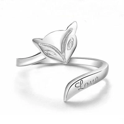 18K White Gold Silver CZ Cubic Zirconia Fox Animal Adjustable Ring Gift Box E2 - Image 1 of 4