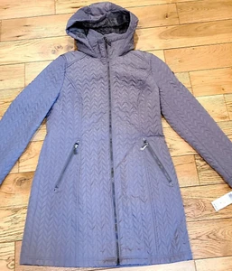 NEW! BCBGeneration Women M Quilted Chevron Puffer Faux Fur Coat Gray Parka Long - Picture 1 of 12