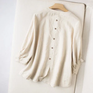 Women Top Soft Cotton/Linen Blouse 1/2 Short Sleeves Clothing Round-neck Tee - Picture 1 of 12