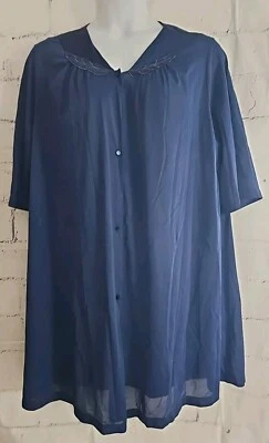 Bata Vassarette Azul Marino Nylon Satinado Botón Delantero Plus 2XL Manga Corta Cuello en V Foto 1 de 4