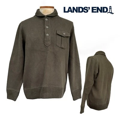 Suéter Henley Cuello M Vintage Años 00 LANDS END Para Hombres Parche en el Codo Bolsillo OLIVA Foto 1 de 4
