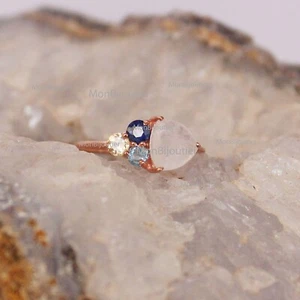 Trillion Shape Real Rainbow Moonstone & Sapphires & Topaz Cluster Ring 14k Gold - Picture 1 of 6