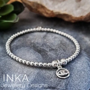925 Sterling Silver bracelet with an Evil Eye charm Beaded Stretch Stacker INKA - Picture 1 of 9