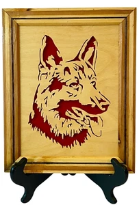 Vintage Deutscher Schäferhund 3D ausgeschnitten Handarbeit gerahmt Holzkunst SIGNIERT VOM Künstler - Bild 1 von 16