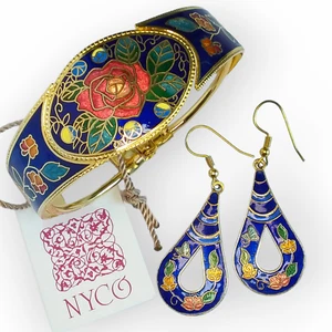 NYCO Hinged Cuff Bracelet Earrings Set Nicki Yassaman Cloisonne Enamel Rose Vtg - Picture 1 of 14