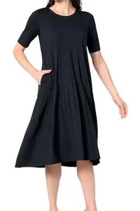 LOGO by Lori Goldstein Rayon 230 Elbow Sleeve Crew Neck Dress Black - Picture 1 of 1