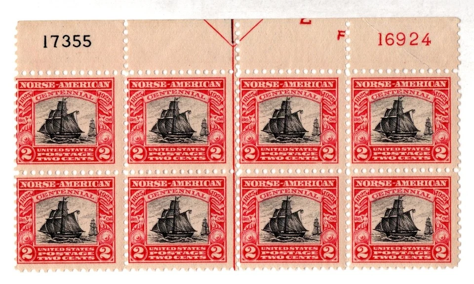 US 1925 SCOTT #620 PLATE # BLOCK OF 8 LIGHT HINGE AFFECTING TWO TOP STAMPS - Image 1 of 2