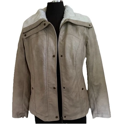 Chaqueta Bernardo Beige Imitación Cuero Med Blanca Imitación Piel Forrada Cremallera Frontal Broches Cálida Foto 1 de 4