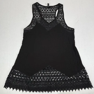 Regata feminina Lapis crochê sem mangas renda média preta franja bainha boho em excelente estado usado - Imagem 1 de 4