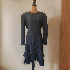Vintage Gaccina Dress 80s Drop Waist Ruffle Bows Black Shoulder Pads Size 9/10 M - Picture 1 of 9