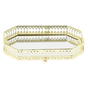 Spiegeltablett, rechteckiges Metall-Parfümtablett, Glastabletts, klein, Goldton - Bild 1 von 7