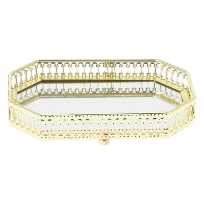 Spiegeltablett, rechteckiges Metall-Parfümtablett, Glastabletts, klein, Goldton - Bild 1 von 4