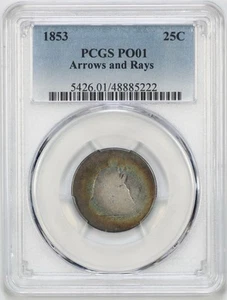 1853 25C Arrows and Rays Liberty Seated Quarter PCGS PO01 Low Ball Rainbow Toned - Bild 1 von 2