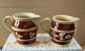 2 Vintage Brown and creams mall JUGS. RUSTIC Slipware. possibly czech - Picture 1 of 6