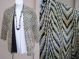 Kasper yellow black white gray knit chevron cardigan size L EASTER SPRING jacket - Picture 1 of 12