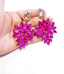 Pink Glass Crystal CLIP ON Rhinestone Chandelier Drop Earrings 3.6 inch Jewelry - Picture 1 of 17