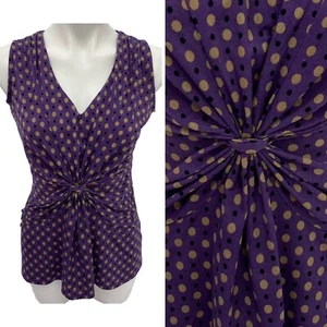 GNW Top Womens Small Purple Knot Front V Neck Sleeveless Office Work Polka Dot - Picture 1 of 11