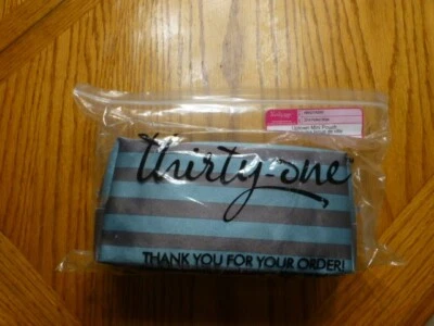 Thirty-One Uptown Mini Pouch Perfect Stripe Makeup Bag Aqua/Brown New - Image 1 of 3