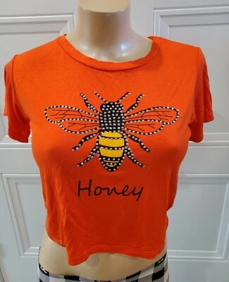NUEVA Camiseta para Mujer Naranja Marca Arco Iris Manga Corta Estrás Miel Abeja Recortada Foto 1 de 4