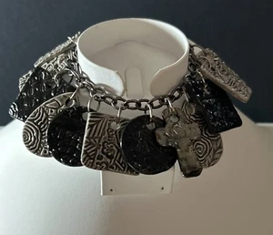 Gun Metal Textured Clay Charm Bracelet Cha Cha 8” WithCross & Many Charms Glossy - Picture 1 of 10