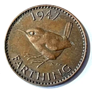 1947 Great Britain UK 1 farthing Coin Eurasian Wren Cave-Dweller Bird Wildlife - Picture 1 of 2