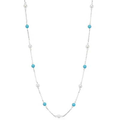 14K White Gold Necklace With Turquoise And Pearls 16 Inches - Image 1 of 2
