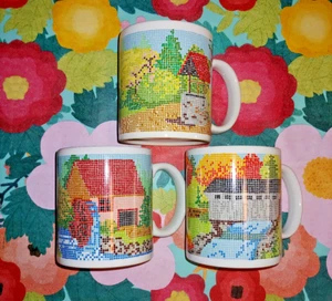 Karen Henry Coffe Mugs Set of 3 Cups Pixelated Good Condition Japan - Picture 1 of 9