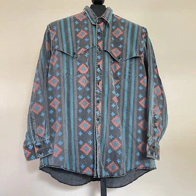 Camisa Wrangler Vintage Negra 17.5 XL Brushpopper Western Azteca Rayas Navajo EE. UU. Foto 1 de 4
