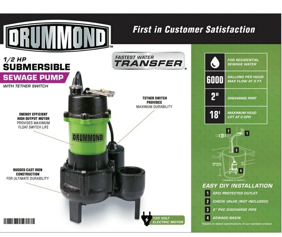 Drummond (63323) 1/2 HP Tether Switch Submersible Sewage Pump