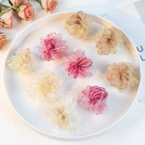 3PCS Organza Patch Camellia Flower Accessories Shiny Beads Chain Mesh Applique - Picture 1 of 15