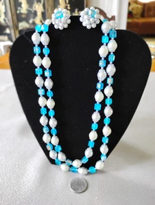 VTG AQUA BLUE SOLID-PEARLS BEADS Multi-strand NECKLACE-CLIP E R 'S SILVERTONE - Picture 1 of 7