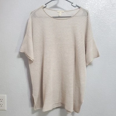 Eileen Fisher Top Feminino M Malha Listrada Bronzeada Transparente 100% Linho Orgânico Beachy FLAW - Imagem 1 de 4