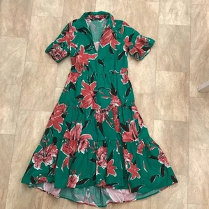 Zara Green Floral Tiered MIDI Dress Short Sleeve Cotton Collared Size S / Small - Picture 1 of 13
